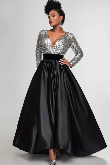 Black Silver V Neck Sequin Mother of the Bride Dress with Long Sleeves